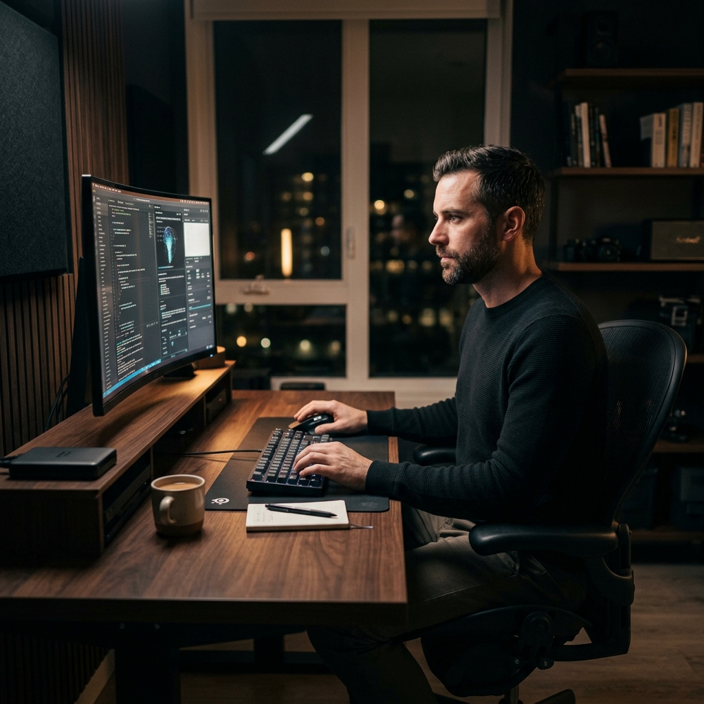 A clean, high-fidelity photo of a single person working intently on a desktop computer at a tidy wooden desk in a dark, moody home office.