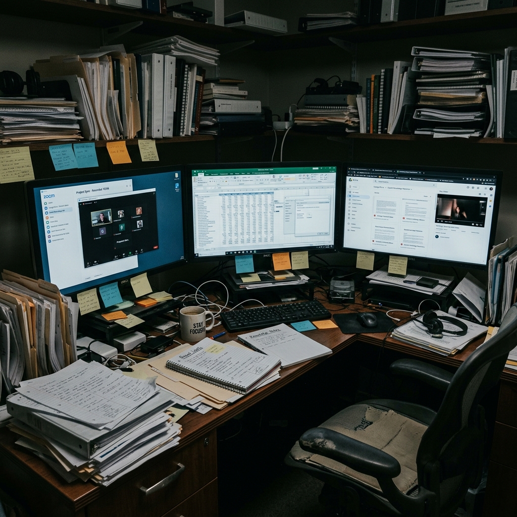 Cluttered office representing raw knowledge